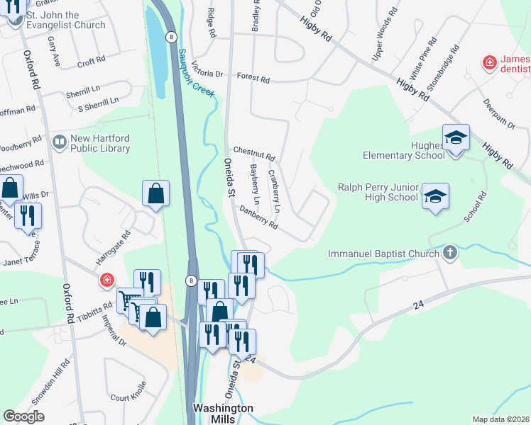 map of restaurants, bars, coffee shops, grocery stores, and more near 72 Chestnut Road in New Hartford