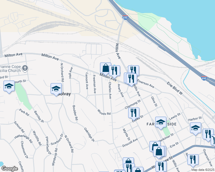 map of restaurants, bars, coffee shops, grocery stores, and more near 119 Caroline Avenue in Syracuse
