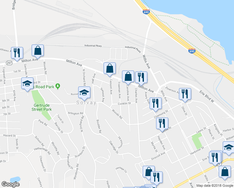 map of restaurants, bars, coffee shops, grocery stores, and more near 126 Freeman Avenue in Syracuse