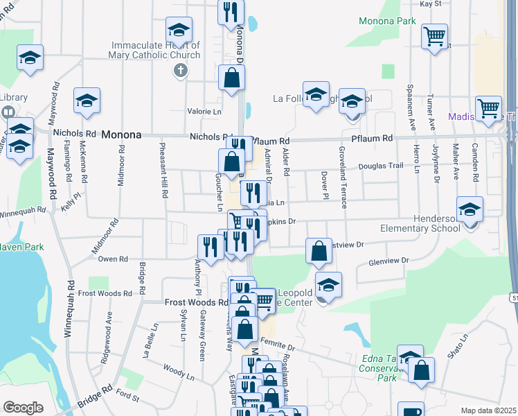 map of restaurants, bars, coffee shops, grocery stores, and more near 109 Acacia Lane in Madison
