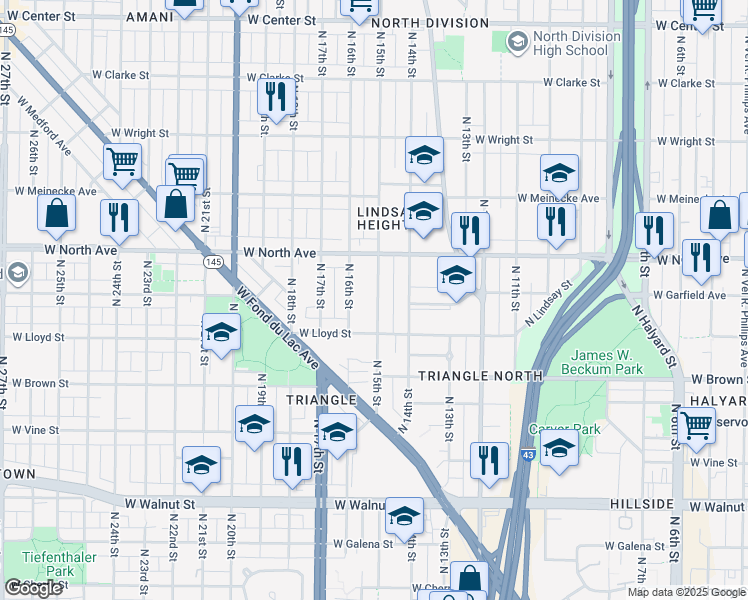 map of restaurants, bars, coffee shops, grocery stores, and more near 2203 North 15th Street in Milwaukee