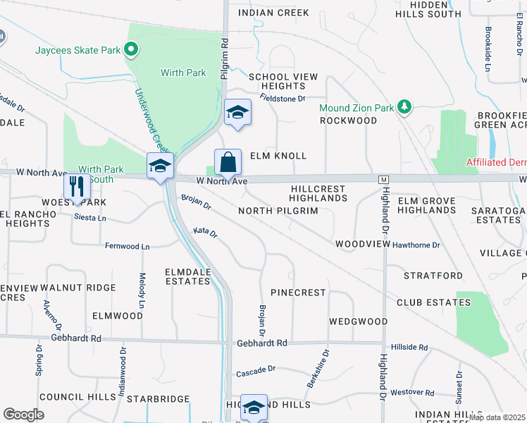 map of restaurants, bars, coffee shops, grocery stores, and more near 15315 Marilyn Dr in Elm Grove