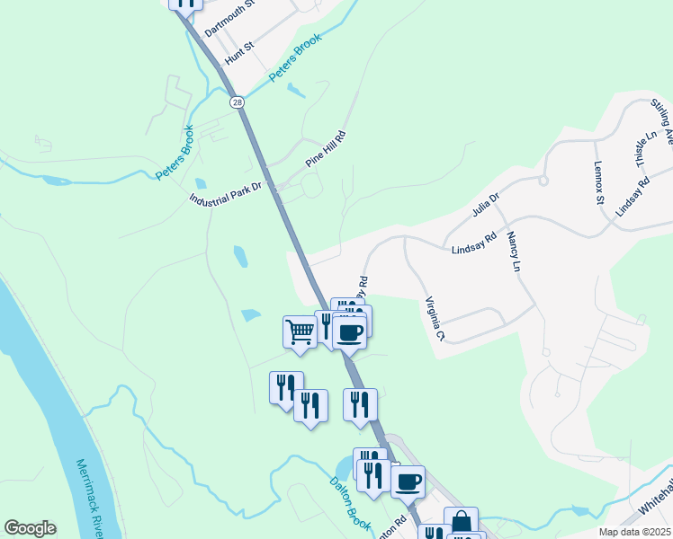 map of restaurants, bars, coffee shops, grocery stores, and more near 3 Oak Hill Road in Hooksett