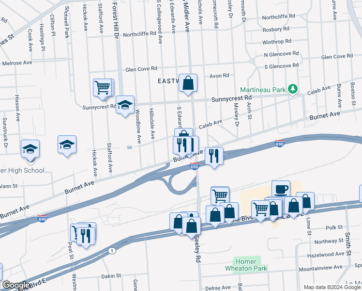 map of restaurants, bars, coffee shops, grocery stores, and more near 516 South Edwards Avenue in Syracuse