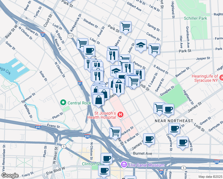 map of restaurants, bars, coffee shops, grocery stores, and more near 809 North Townsend Street in Syracuse