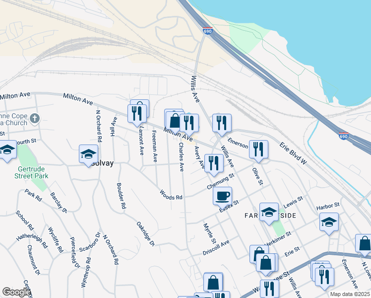 map of restaurants, bars, coffee shops, grocery stores, and more near 113 Charles Avenue in Syracuse