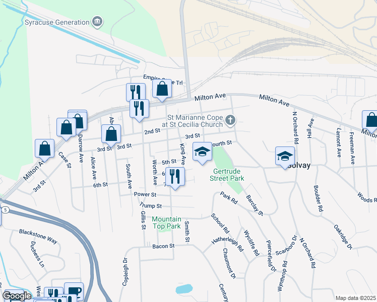 map of restaurants, bars, coffee shops, grocery stores, and more near 305 Fourth Street in Syracuse