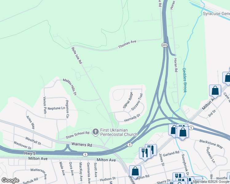 map of restaurants, bars, coffee shops, grocery stores, and more near 159 Lookout Circle in Syracuse