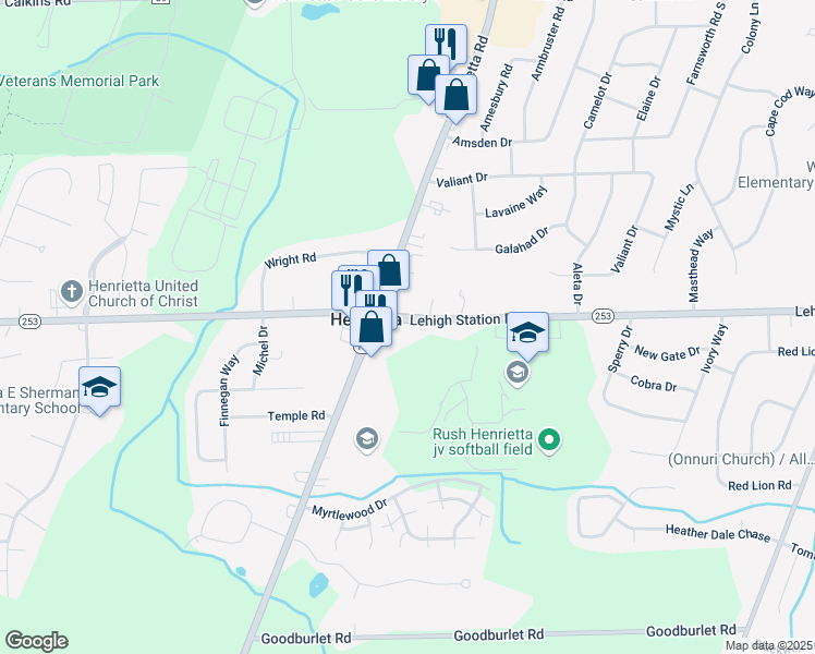 map of restaurants, bars, coffee shops, grocery stores, and more near 1679 Lehigh Station Road in Henrietta