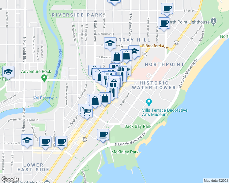 map of restaurants, bars, coffee shops, grocery stores, and more near 2211 North Prospect Avenue in Milwaukee