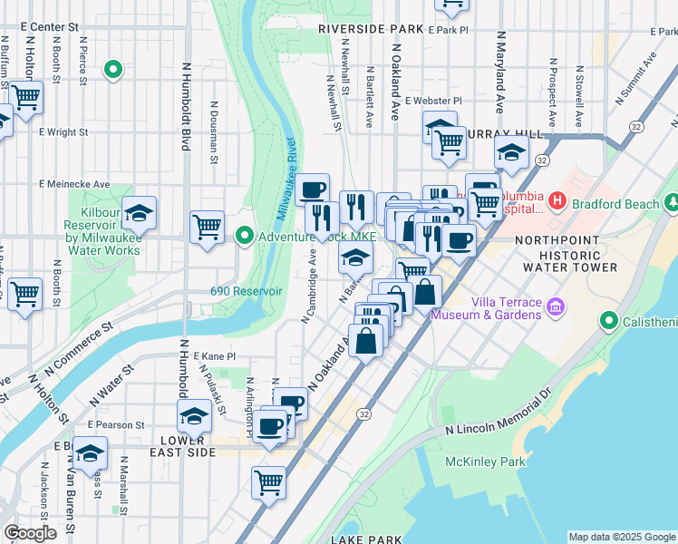 map of restaurants, bars, coffee shops, grocery stores, and more near 1528-1530 East Windsor Place in Milwaukee