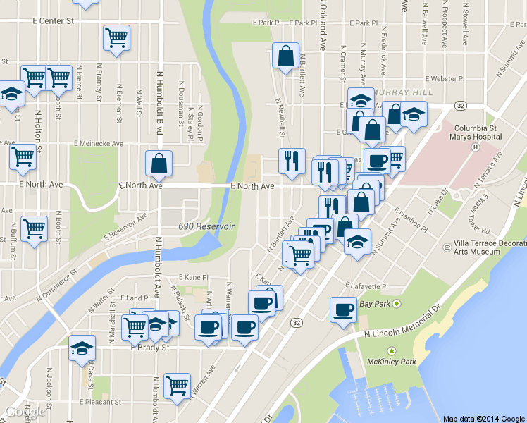 map of restaurants, bars, coffee shops, grocery stores, and more near 1528-1530 East Windsor Place in Milwaukee
