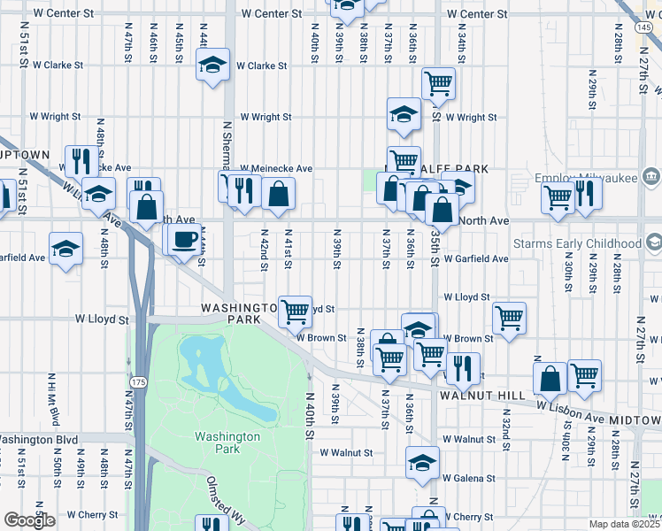 map of restaurants, bars, coffee shops, grocery stores, and more near 2170 North 40th Street in Milwaukee