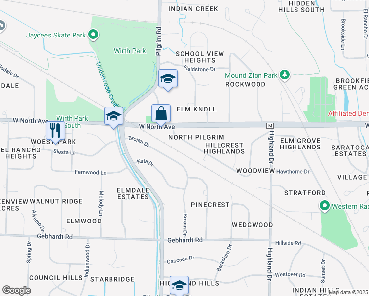 map of restaurants, bars, coffee shops, grocery stores, and more near 15315 Marilyn Drive in Elm Grove