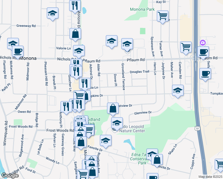 map of restaurants, bars, coffee shops, grocery stores, and more near 313 Acacia Lane in Madison