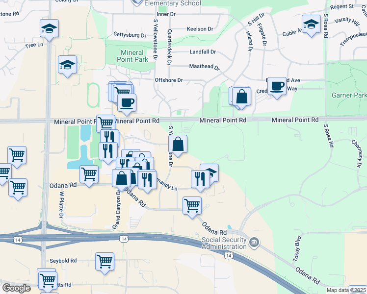map of restaurants, bars, coffee shops, grocery stores, and more near 429 South Yellowstone Drive in Madison
