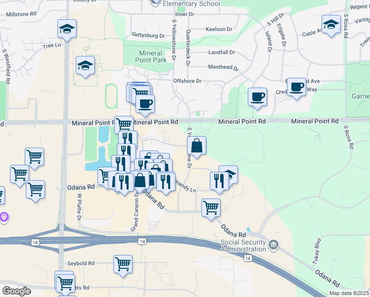 map of restaurants, bars, coffee shops, grocery stores, and more near 426 South Yellowstone Drive in Madison