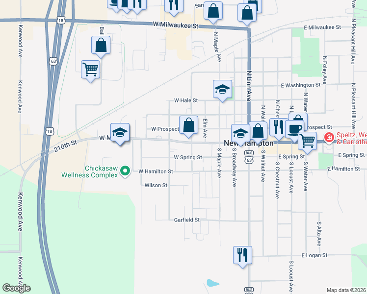 map of restaurants, bars, coffee shops, grocery stores, and more near 510 West Main Street in New Hampton