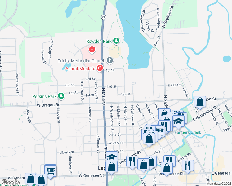 map of restaurants, bars, coffee shops, grocery stores, and more near 1109 North Madison Street in Lapeer