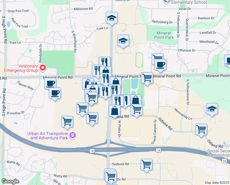 map of restaurants, bars, coffee shops, grocery stores, and more near 434 Gammon Place in Madison