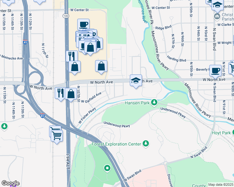 map of restaurants, bars, coffee shops, grocery stores, and more near 2216 North 103rd Street in Wauwatosa