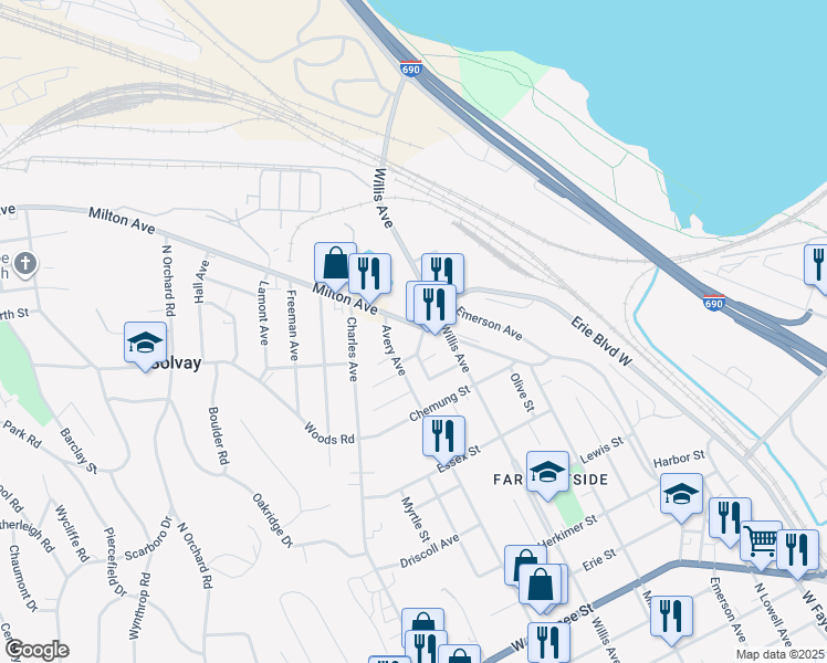 map of restaurants, bars, coffee shops, grocery stores, and more near 1215 Milton Avenue in Syracuse