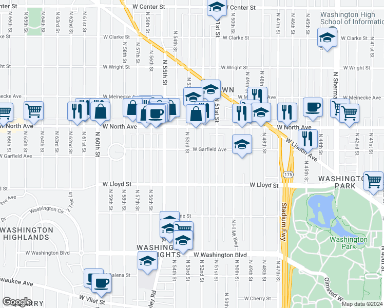 map of restaurants, bars, coffee shops, grocery stores, and more near 2186 North 53rd Street in Milwaukee