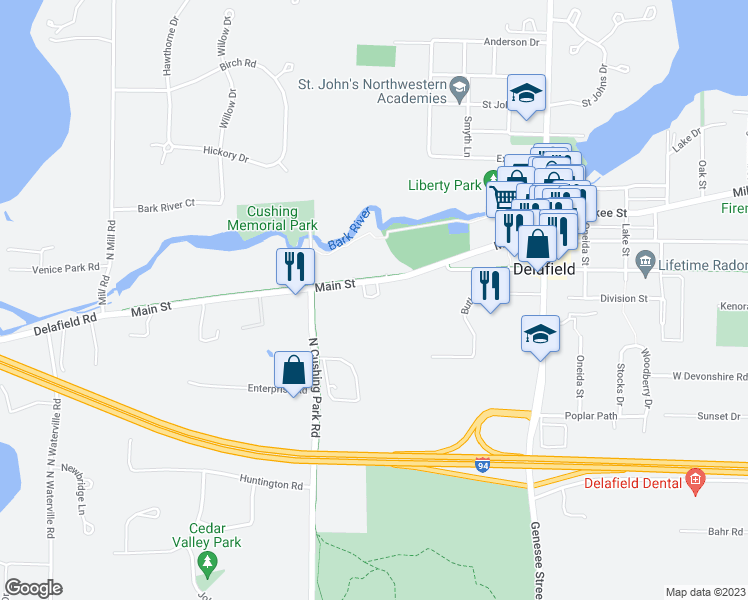 map of restaurants, bars, coffee shops, grocery stores, and more near 198 Country Court in Delafield