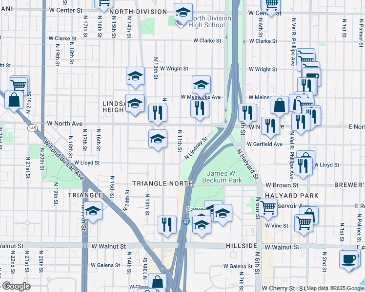 map of restaurants, bars, coffee shops, grocery stores, and more near 2152 North 11th Street in Milwaukee