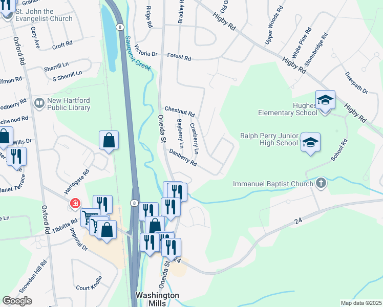 map of restaurants, bars, coffee shops, grocery stores, and more near 72 Chestnut Road in New Hartford