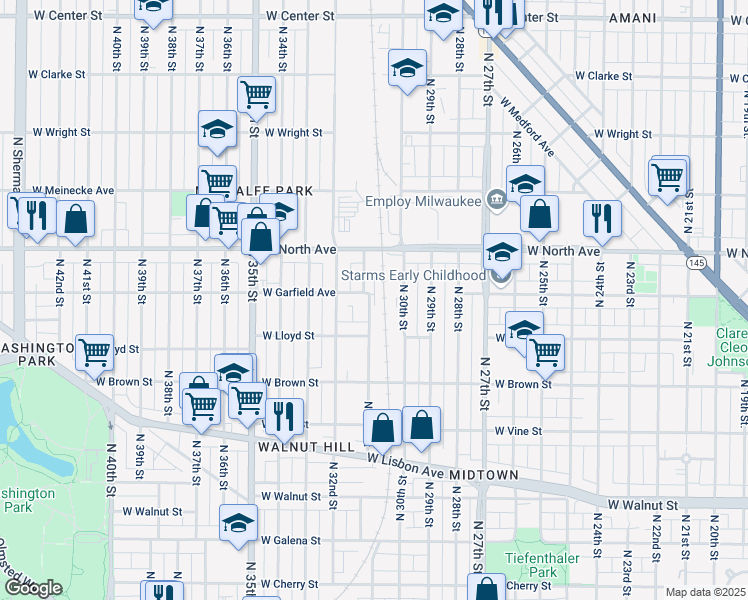 map of restaurants, bars, coffee shops, grocery stores, and more near 2154 North 31st Street in Milwaukee