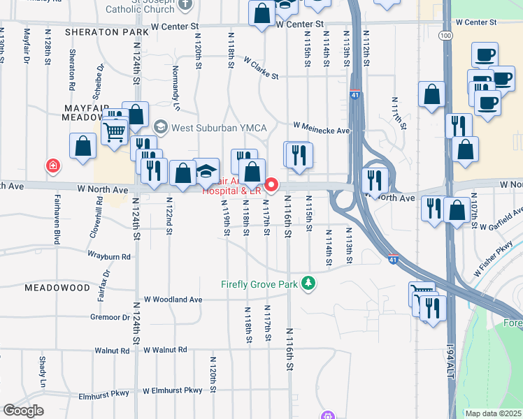 map of restaurants, bars, coffee shops, grocery stores, and more near 2231 North 117th Street in Wauwatosa