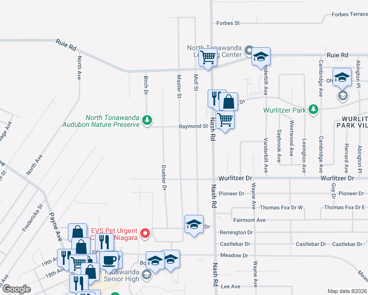 map of restaurants, bars, coffee shops, grocery stores, and more near 1323 Master Street in North Tonawanda