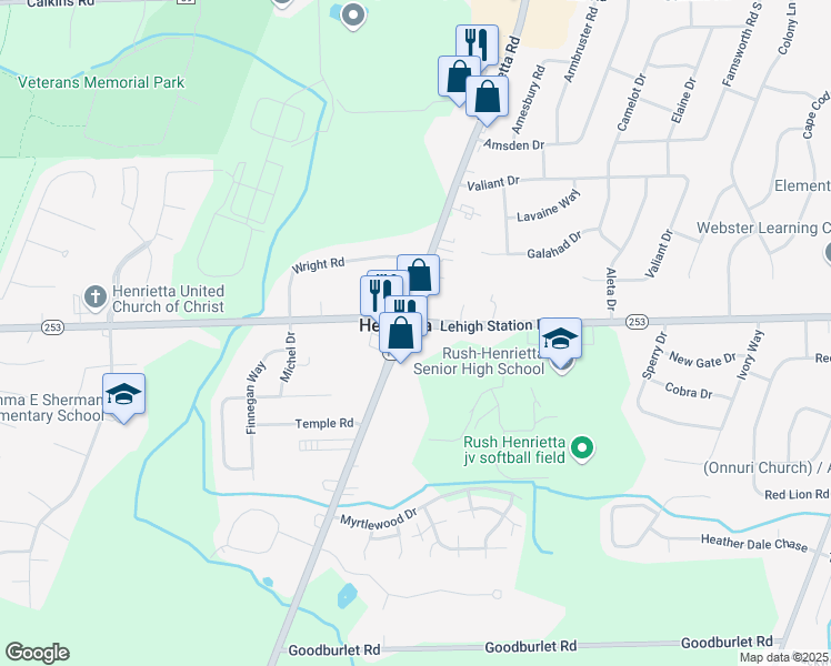 map of restaurants, bars, coffee shops, grocery stores, and more near 1659 Lehigh Station Road in Henrietta