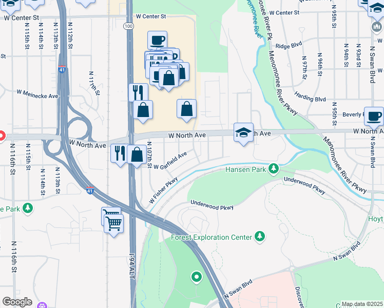 map of restaurants, bars, coffee shops, grocery stores, and more near 2231 North 104th Street in Wauwatosa