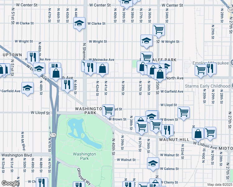 map of restaurants, bars, coffee shops, grocery stores, and more near 2170 North 40th Street in Milwaukee