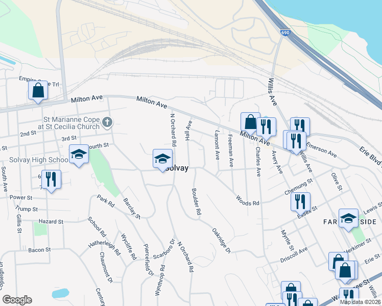 map of restaurants, bars, coffee shops, grocery stores, and more near 313 Hall Avenue in Solvay