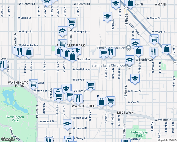 map of restaurants, bars, coffee shops, grocery stores, and more near 2151 North 32nd Street in Milwaukee