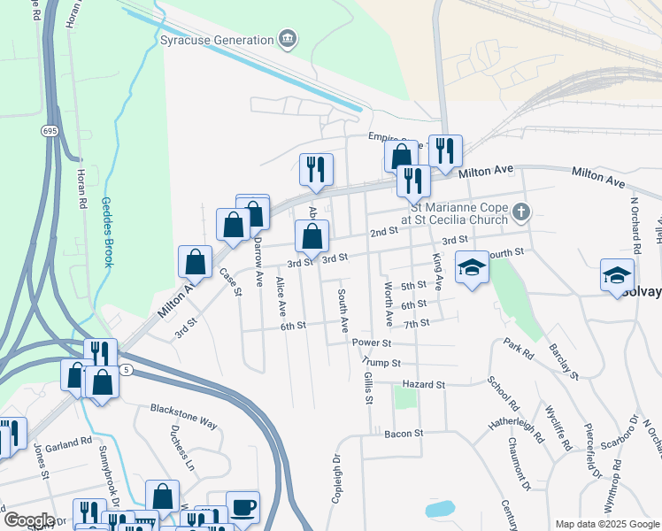 map of restaurants, bars, coffee shops, grocery stores, and more near 625 3rd Street in Syracuse