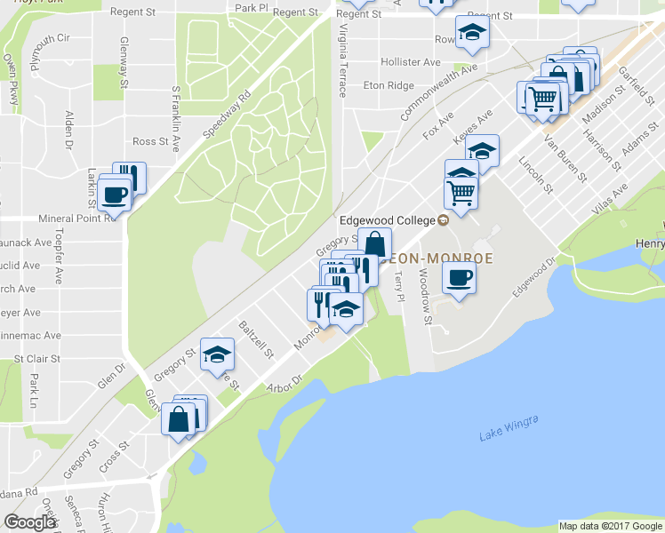 map of restaurants, bars, coffee shops, grocery stores, and more near 628 Sheldon Street in Madison