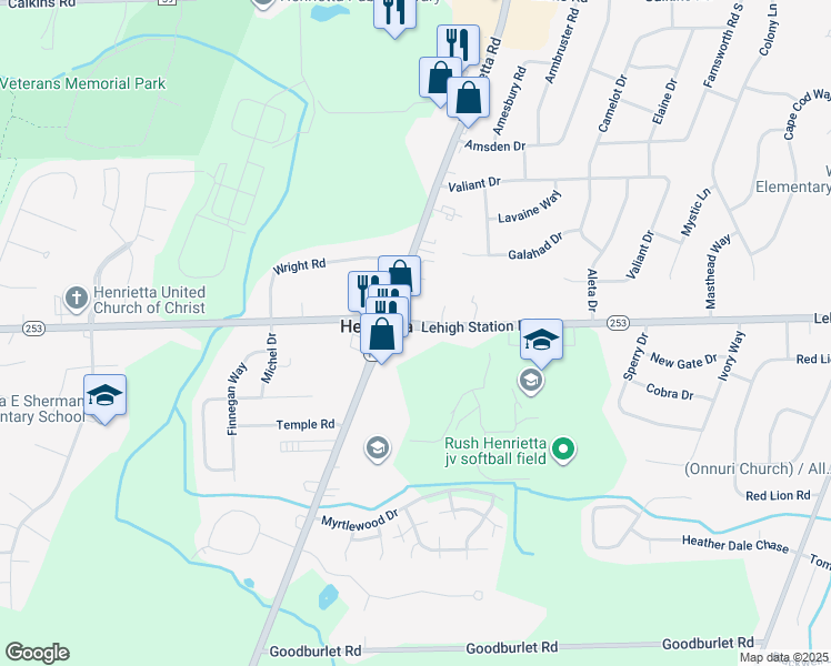 map of restaurants, bars, coffee shops, grocery stores, and more near 1679 Lehigh Station Road in Henrietta