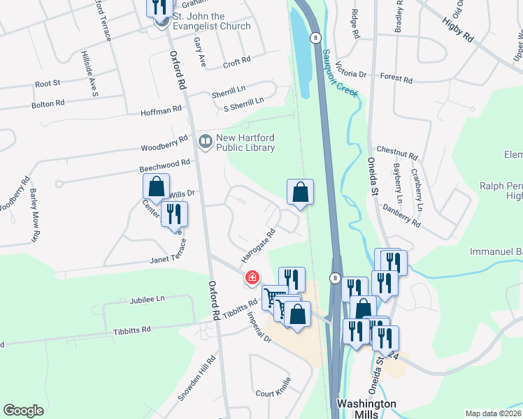 map of restaurants, bars, coffee shops, grocery stores, and more near 14 Darby Court in New Hartford