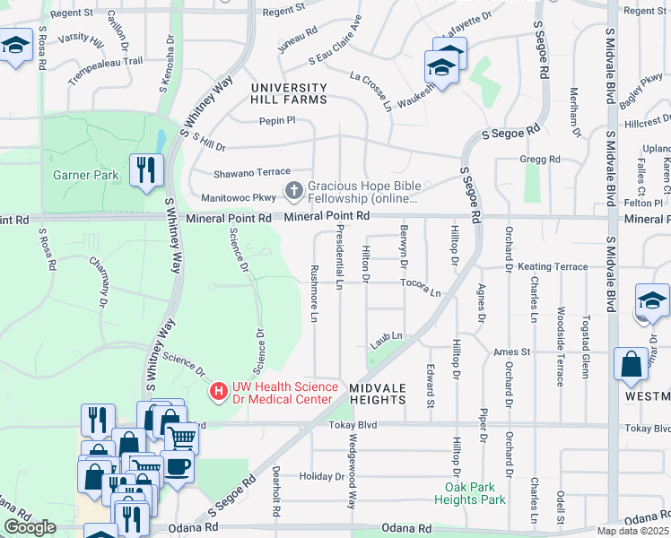 map of restaurants, bars, coffee shops, grocery stores, and more near 438 Presidential Lane in Madison