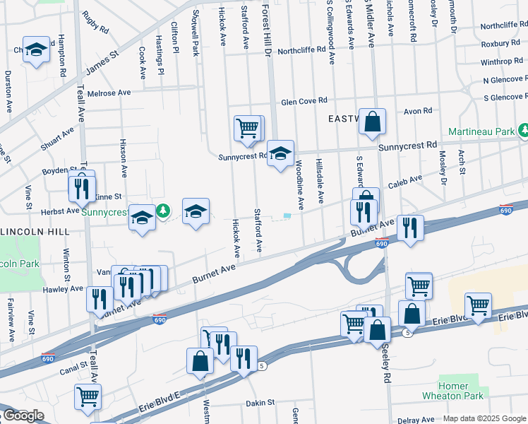 map of restaurants, bars, coffee shops, grocery stores, and more near 485 Stafford Avenue in Syracuse