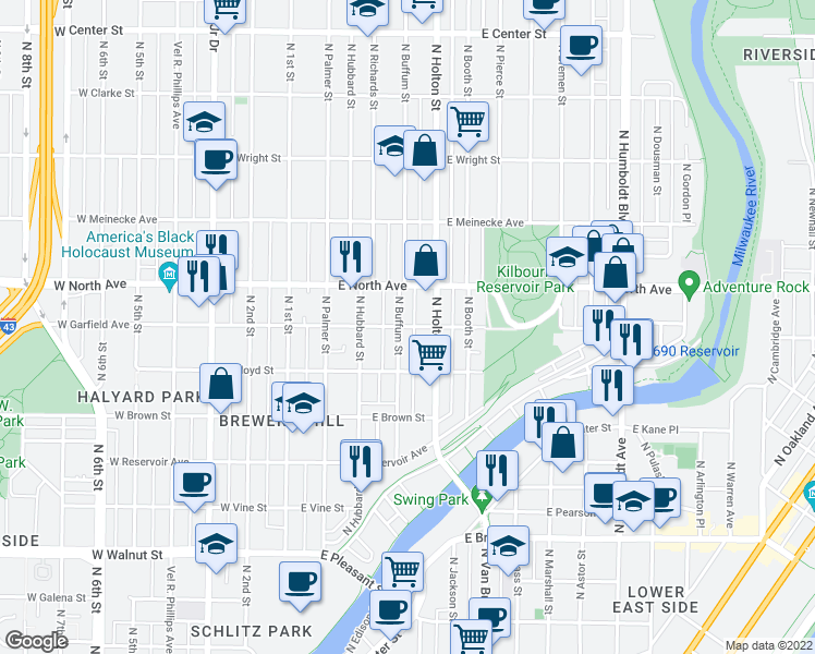 map of restaurants, bars, coffee shops, grocery stores, and more near 423 E Garfield Ave in Milwaukee