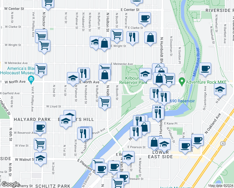 map of restaurants, bars, coffee shops, grocery stores, and more near N Booth St & E Garfield Ave in Milwaukee