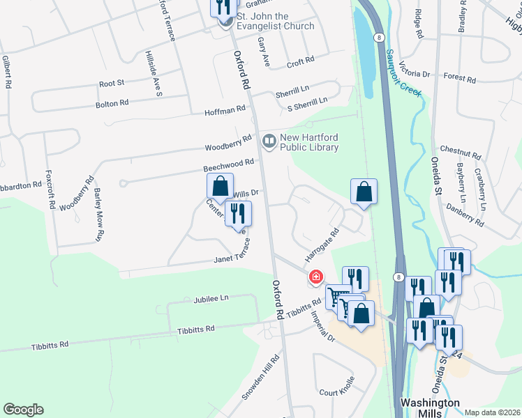 map of restaurants, bars, coffee shops, grocery stores, and more near 138 Oxford Rd in New Hartford
