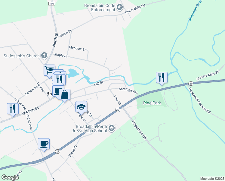 map of restaurants, bars, coffee shops, grocery stores, and more near 62 Saratoga Avenue in Broadalbin