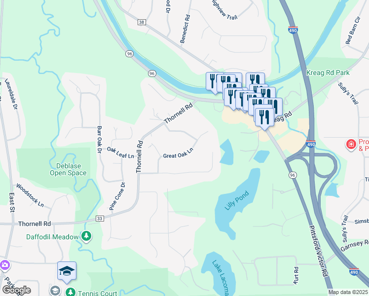 map of restaurants, bars, coffee shops, grocery stores, and more near 20 Great Oak Lane in Pittsford