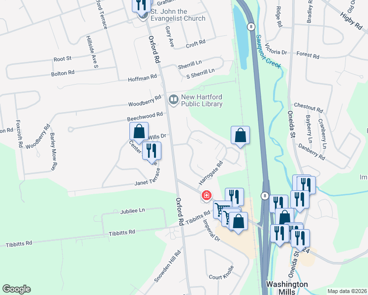 map of restaurants, bars, coffee shops, grocery stores, and more near 6 Gateshead Road in New Hartford